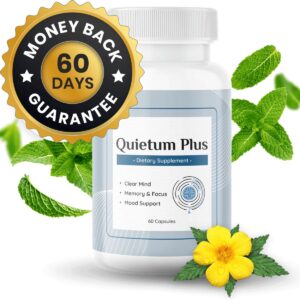 A bottle of Quietum Plus dietary supplement with a gold badge displaying a "60 DAYS MONEY BACK GUARANTEE," surrounded by fresh mint leaves and a yellow flower.