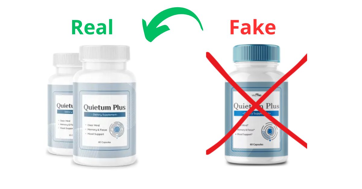 A comparison of real and fake Quietum Plus bottles. The real version is on the left with a green check mark, while the fake version is on the right with a red cross over it.